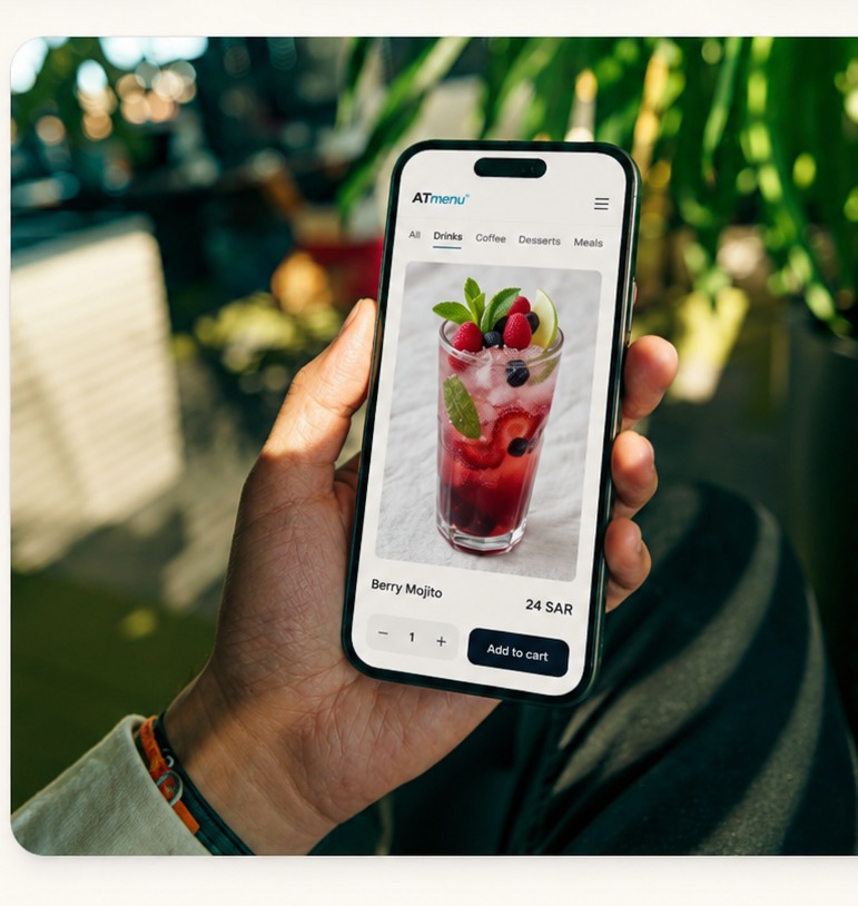 Hand holding a smartphone showing the Gdooa Lulwah digital menu